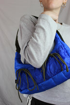 blue puffer style with drawstring bows Upcycled hot air balloon bags, made in bristol