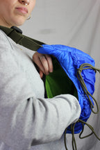 blue puffer style with drawstring bows Upcycled hot air balloon bags, made in bristol