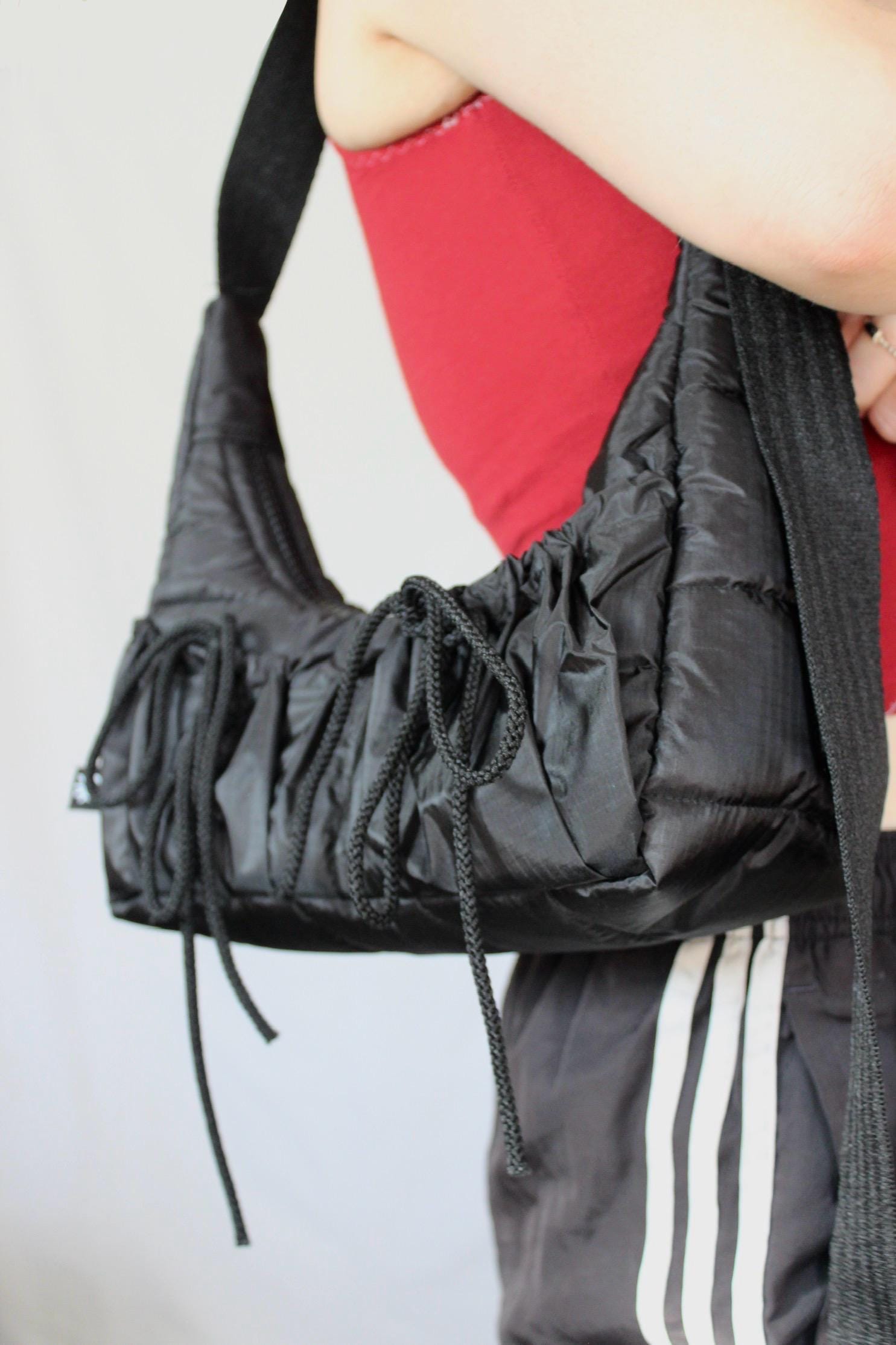 Sustainable hot air balloon offcuts bow shoulder bag with back pocket detail
