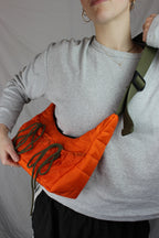 Orange puffer style with drawstring bows Upcycled hot air balloon bags, made in bristol