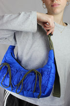 blue puffer style with drawstring bows Upcycled hot air balloon bags, made in bristol