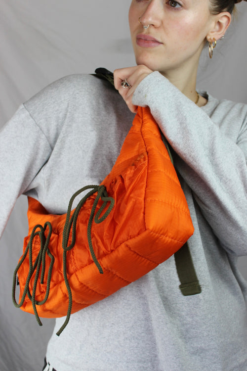 Orange puffer style with drawstring bows Upcycled hot air balloon bags, made in bristol