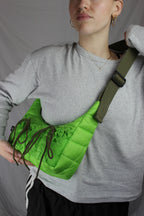 Green puffer style with drawstring bows Upcycled hot air balloon bags, made in bristol
