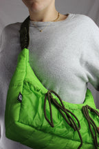 Green puffer style with drawstring bows Upcycled hot air balloon bags, made in bristol